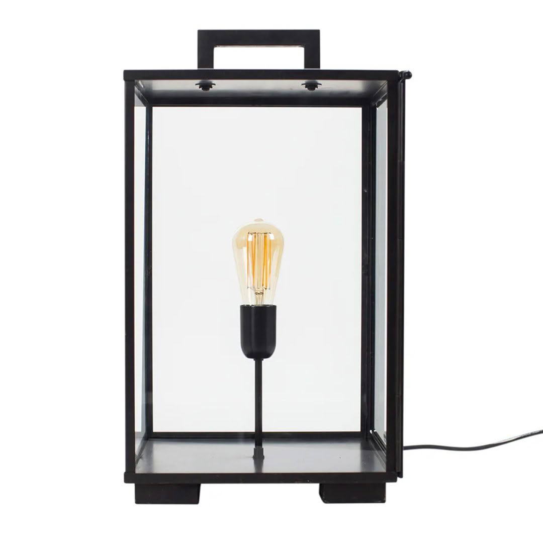 Modern black lantern-style lamp with Edison bulb