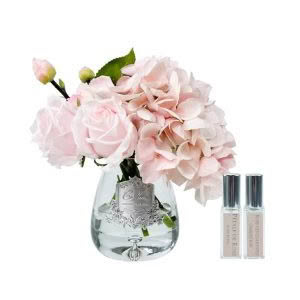 TEA ROSE & HYDRANGEA BOUQUET - PINK WITH CLEAR GLASS, SILVER BADGE - COTE NOIRE