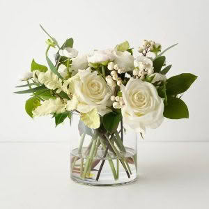 ROSE RANUNCULUS MIX IN VASE - 35cm DIA x 33cm H - WHITE